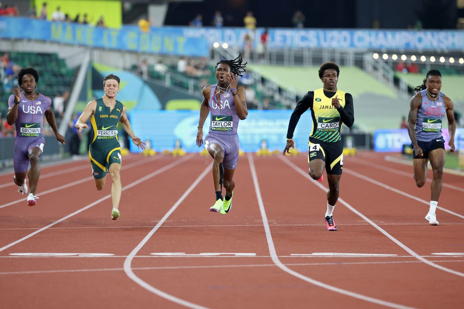 Taylor and Maxwell win US world U20 100m double in Oregon:

USA’s Tate Taylor moved into joint fifth place among the fastest U20 sprinters in history, running 9.94 to win 100m gold at the World Athletics U20 Championships Oregon 26