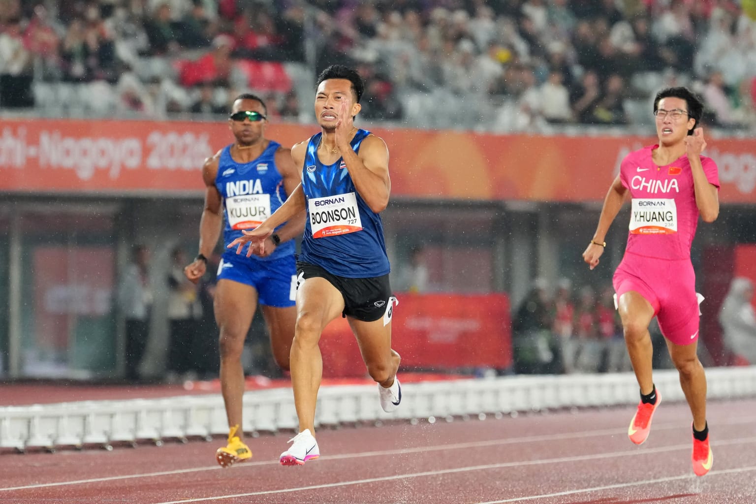 Boonson completes Asian Games sprint double as Yan dominates javelin in Nagoya:

Incessant rain may have disrupted the middle days of the Asian Games athletics programme at Mizuho Park Athletics Stadium in Nagoya, but it did little to dampen the performances on Super Sunday